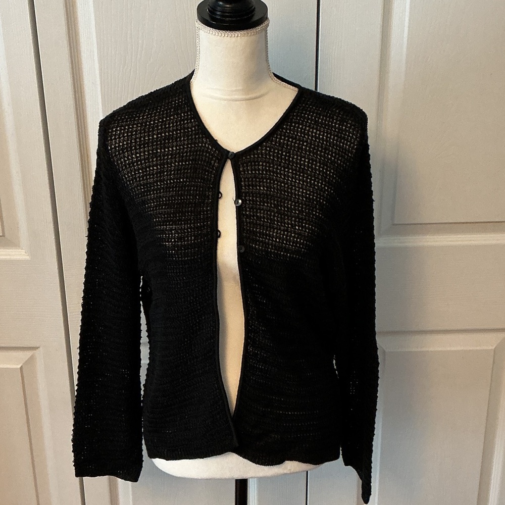 Liz Claiborne Black Open-Weave Button Front Cardigan